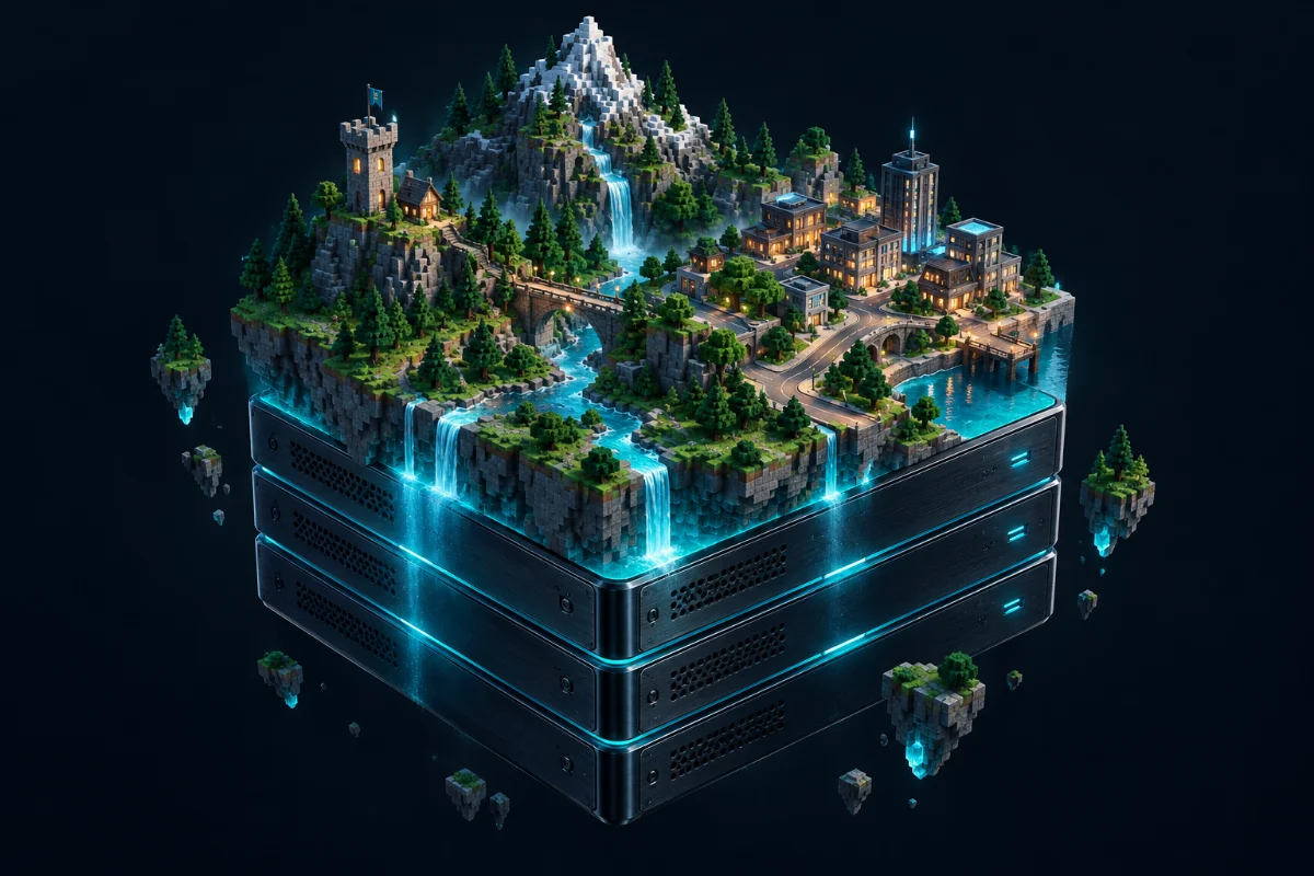 A miniature gaming world, from mountains to city streets, built on a server.
