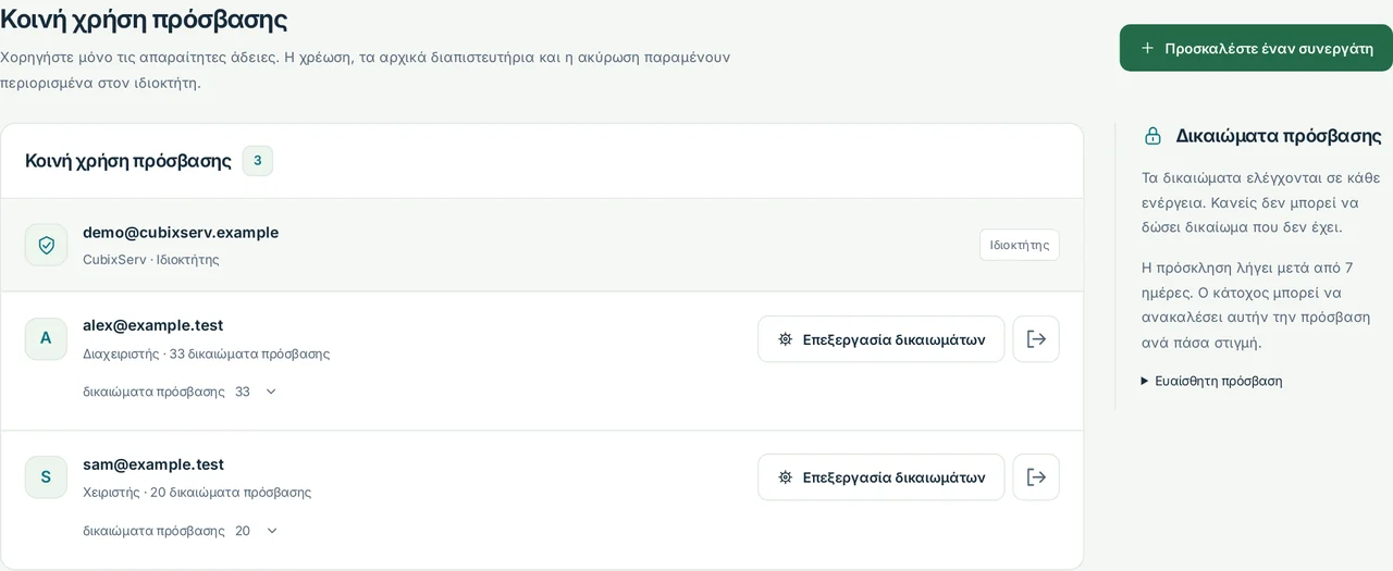 CubixServ · Κοινή χρήση πρόσβασης