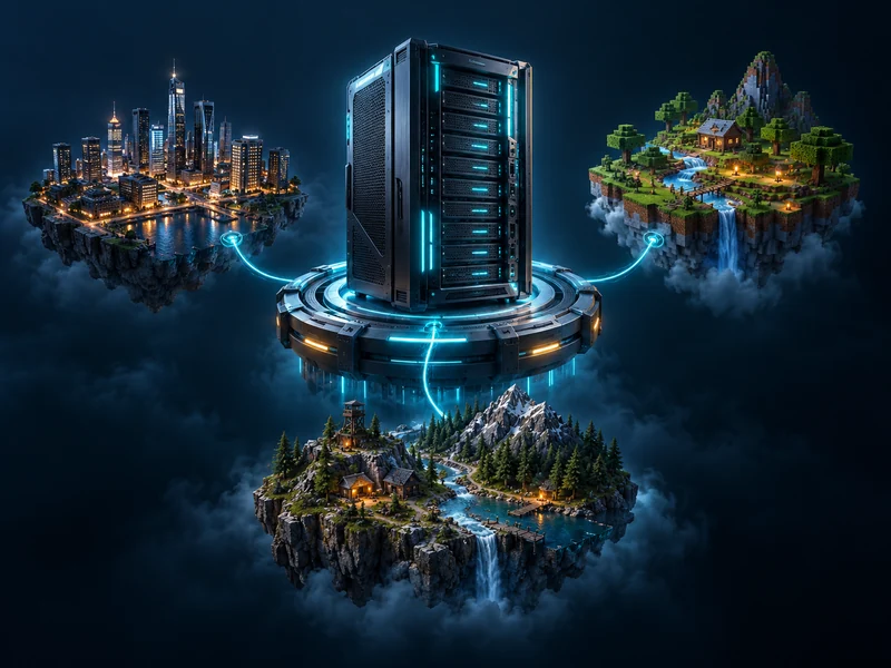 رسم لخادم ألعاب متصل بمدينة وعالم مكعبات ومشهد للبقاء على قيد الحياة.